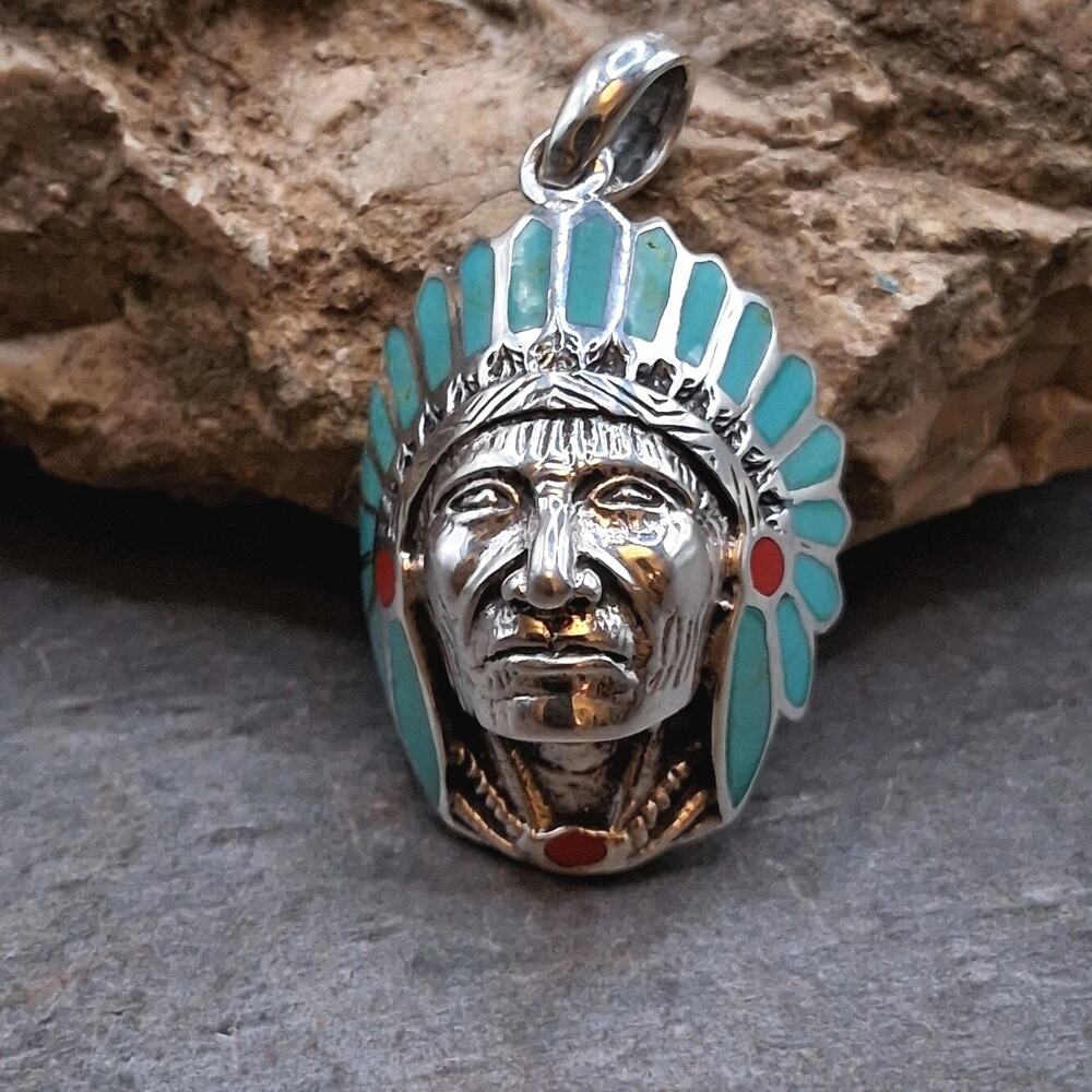 Native American Chief Head Pendant Inlay Turquoise Sterling Silver Southwestern